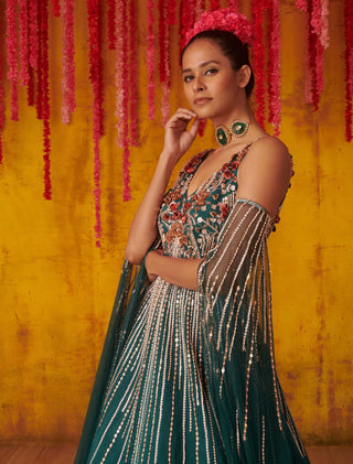 Pink Peacock Couture-Pine Green Embellished Gown-INDIASPOPUP.COM