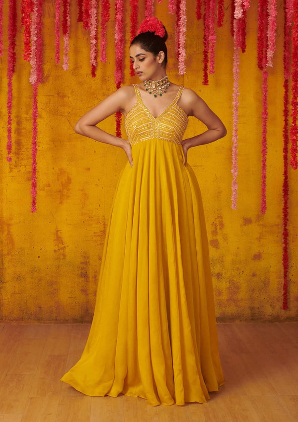 Pink Peacock Couture-Mustard Anarkali Gown-INDIASPOPUP.COM