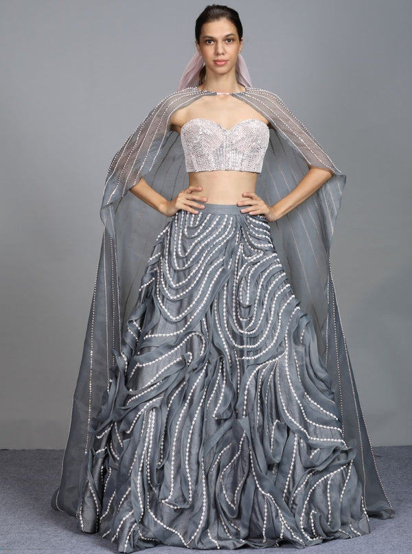 Pink Peacock Couture-Grey Lehenga With Corset And Blouse-INDIASPOPUP.COM