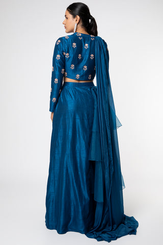 Pink Peacock Couture-Blue Embroidered Skirt With Blouse-INDIASPOPUP.COM