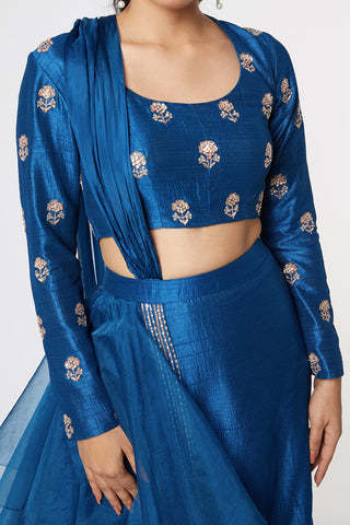 Pink Peacock Couture-Blue Embroidered Skirt With Blouse-INDIASPOPUP.COM