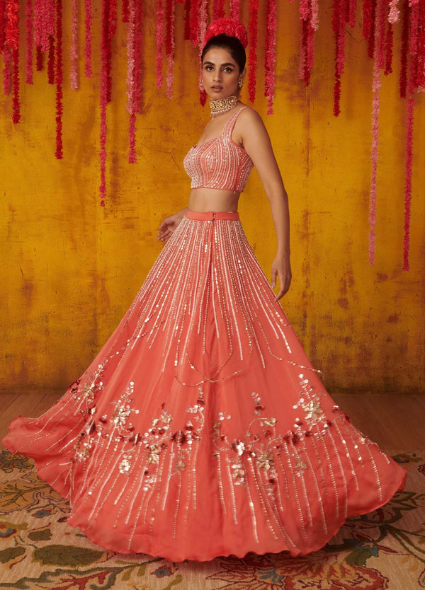Beautifully designed Red Colored Heavy Embroidered Lehenga Set - Rent
