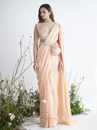 Pink Peacock Couture-Peach Saree With Embroidery-INDIASPOPUP.COM