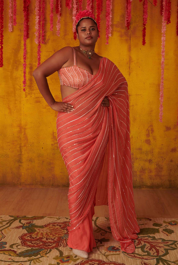 Pink Peacock Couture-Carrot Embellished Saree With Blouse-INDIASPOPUP.COM