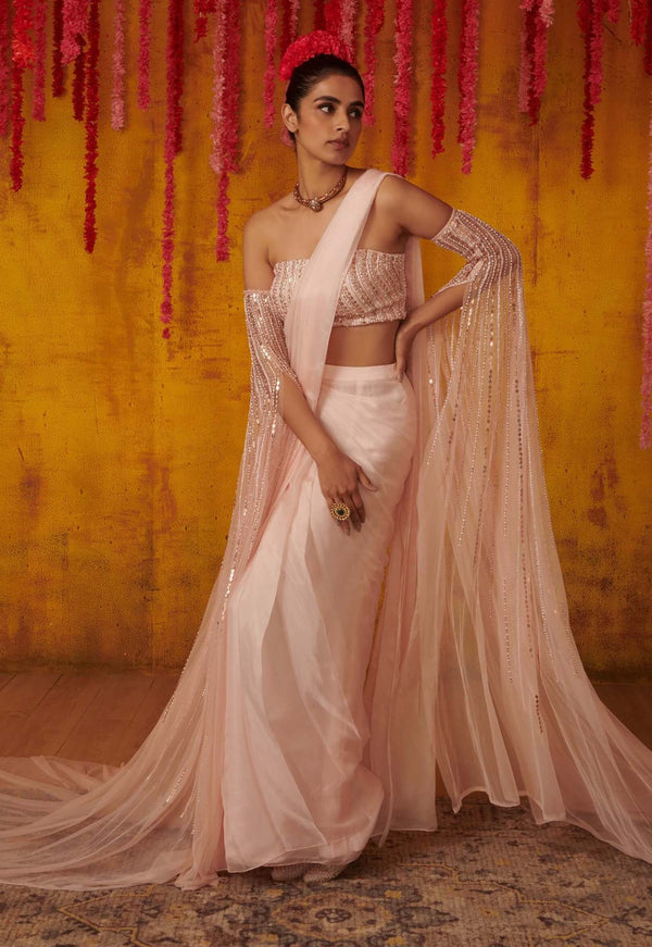 Pink Peacock Couture, Blush Saree With Embellished Blouse