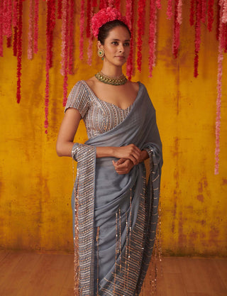 Pink Peacock Couture-Peri Wrinkle Embellished Saree With Blouse-INDIASPOPUP.COM