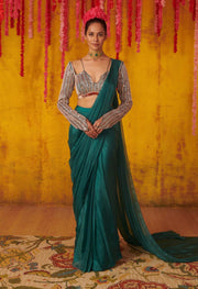 Pink Peacock Couture-Pine Green Saree With Embellished Blouse-INDIASPOPUP.COM