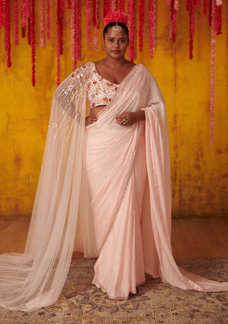 Pink Peacock Couture-Blush Saree With Embellished Blouse-INDIASPOPUP.COM