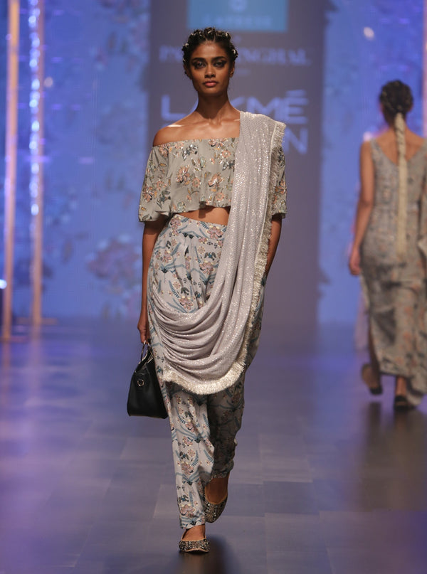 Payal Singhal-Mint & Blue Printed Dhoti Drape Set-INDIASPOPUP.COM