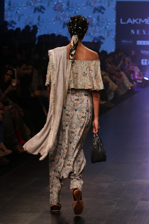 Payal Singhal-Mint & Blue Printed Dhoti Drape Set-INDIASPOPUP.COM
