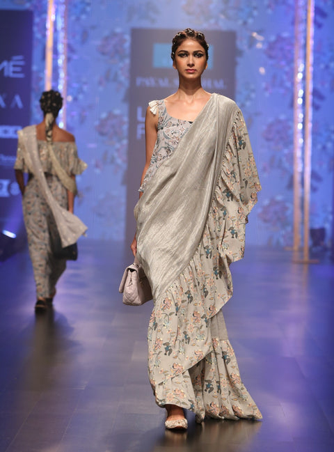Payal Singhal-Mint & Blue Printed Saree Set-INDIASPOPUP.COM