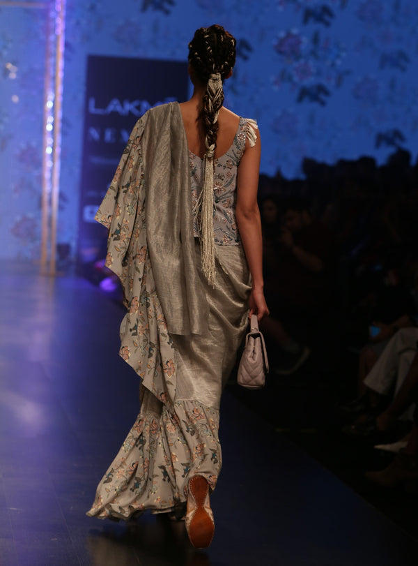 Payal Singhal-Mint & Blue Printed Saree Set-INDIASPOPUP.COM