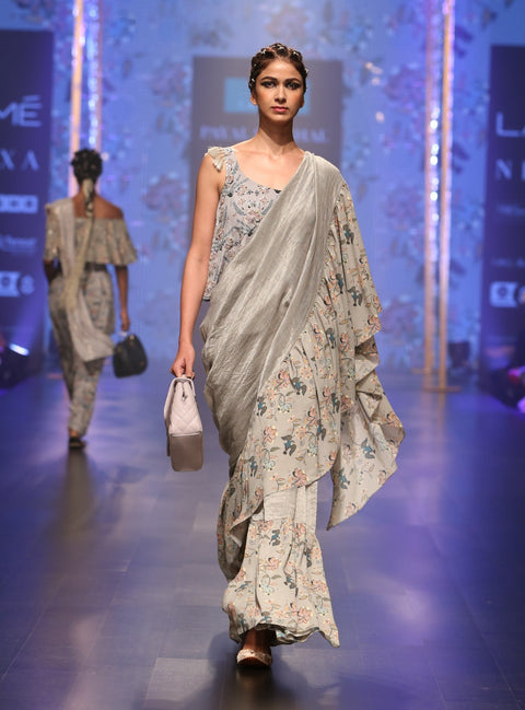 Payal Singhal-Mint & Blue Printed Saree Set-INDIASPOPUP.COM