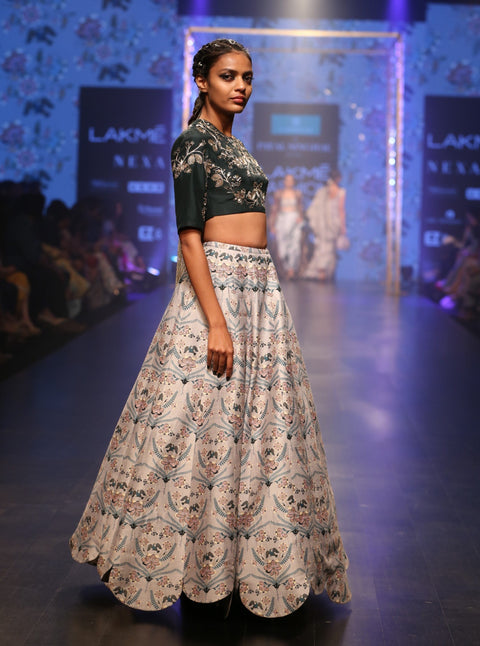 Payal Singhal-Emerald Green & Blue Printed Lehenga Set-INDIASPOPUP.COM