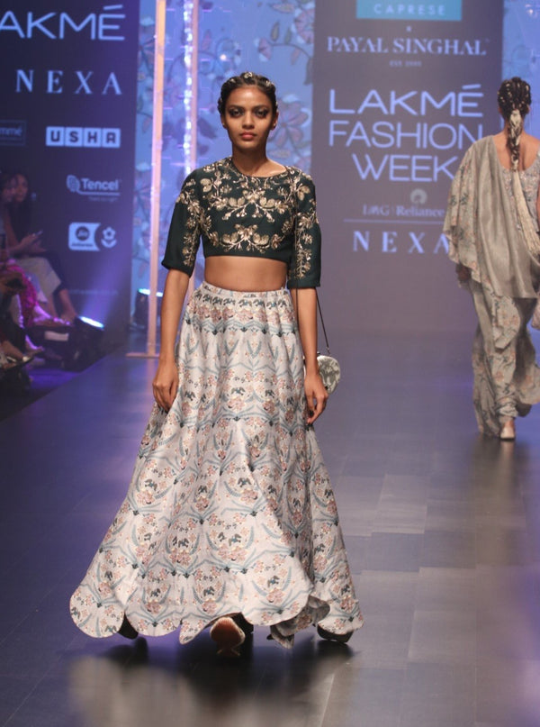 Payal Singhal-Emerald Green & Blue Printed Lehenga Set-INDIASPOPUP.COM