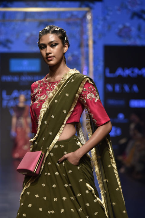 Payal Singhal-Olive Green & Pink Drape Lehenga Set-INDIASPOPUP.COM