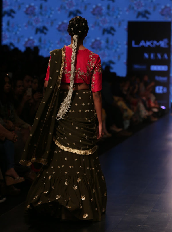 Payal Singhal-Olive Green & Pink Drape Lehenga Set-INDIASPOPUP.COM