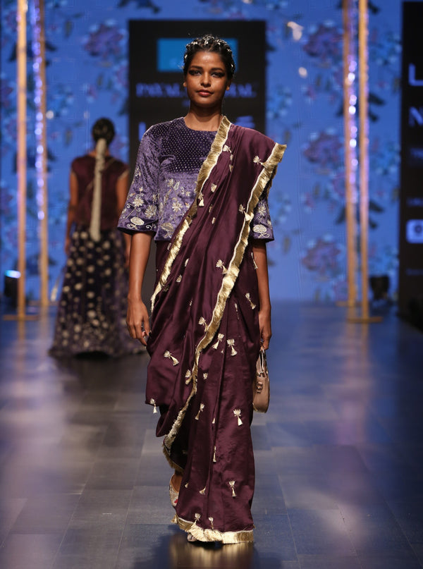Payal Singhal-Purple & Blue Embroidered Saree Set-INDIASPOPUP.COM