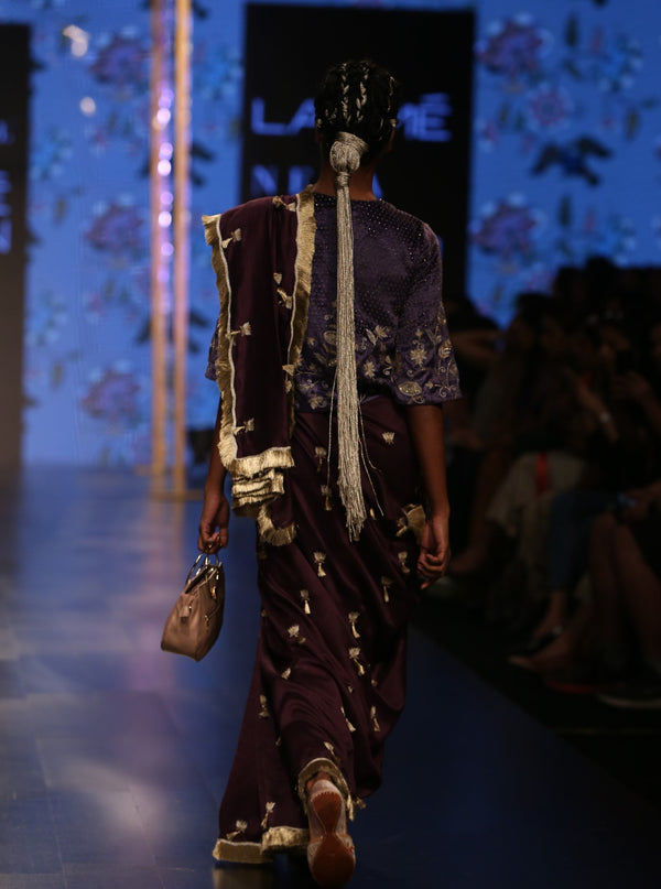 Payal Singhal-Purple & Blue Embroidered Saree Set-INDIASPOPUP.COM