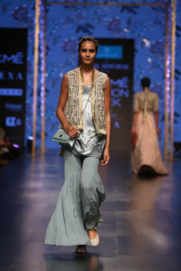 Payal Singhal-Stone & Blue Embroidered Jacket Set-INDIASPOPUP.COM