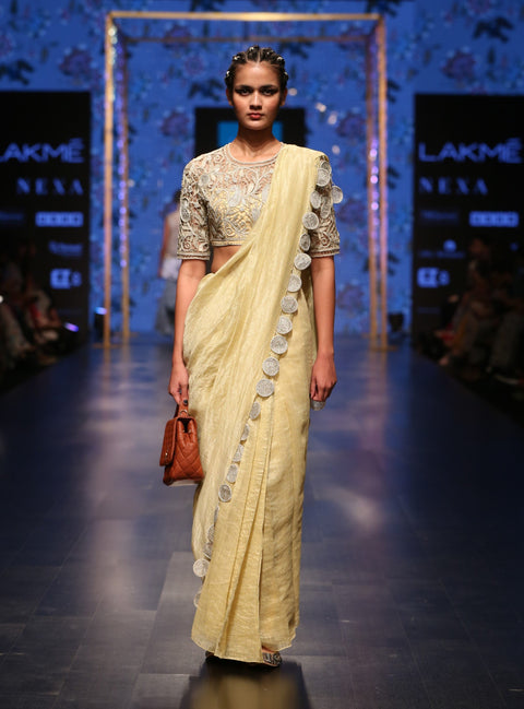 Payal Singhal-Pale Yellow Embroidered Saree Set-INDIASPOPUP.COM