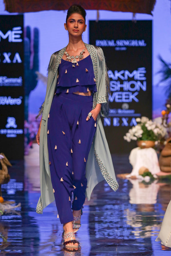 Payal Singhal-Periwinkle Blue Embroidered Jacket Set-INDIASPOPUP.COM