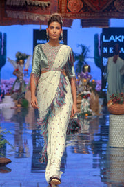 Payal Singhal-Periwinkle Blue & White Saree Set-INDIASPOPUP.COM