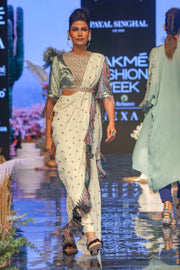 Payal Singhal-Periwinkle Blue & White Saree Set-INDIASPOPUP.COM