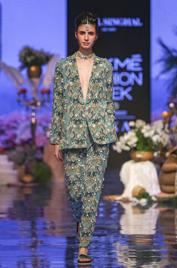 Payal Singhal-Blue Printed Jacket Set-INDIASPOPUP.COM