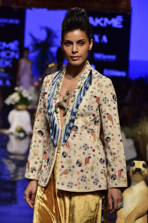 Payal Singhal-Stone & Yellow Embroidered Jacket Set-INDIASPOPUP.COM