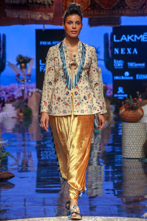 Payal Singhal-Stone & Yellow Embroidered Jacket Set-INDIASPOPUP.COM
