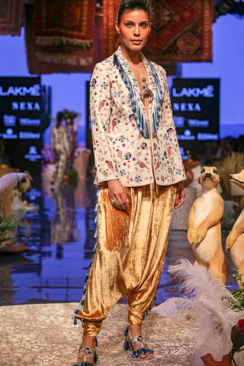 Payal Singhal-Stone & Yellow Embroidered Jacket Set-INDIASPOPUP.COM
