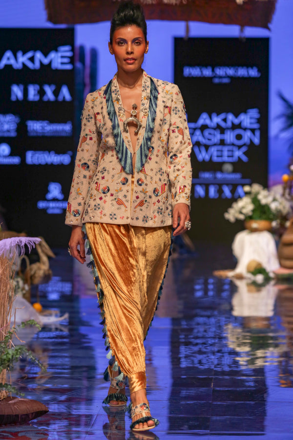 Payal Singhal-Stone & Yellow Embroidered Jacket Set-INDIASPOPUP.COM