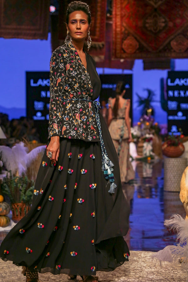 Payal Singhal-Black Embroidered Jacket Set-INDIASPOPUP.COM