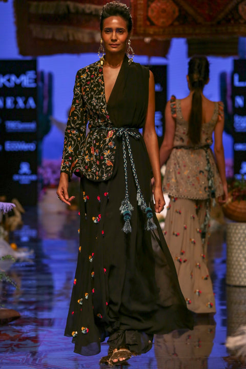 Payal Singhal-Black Embroidered Jacket Set-INDIASPOPUP.COM