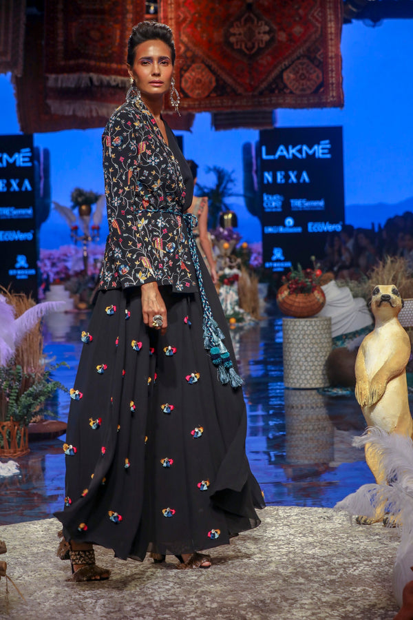Payal Singhal-Black Embroidered Jacket Set-INDIASPOPUP.COM