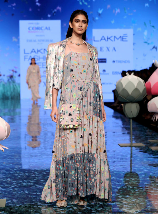 Payal Singhal-Lavender & Grey Printed Dress With Jacket-INDIASPOPUP.COM