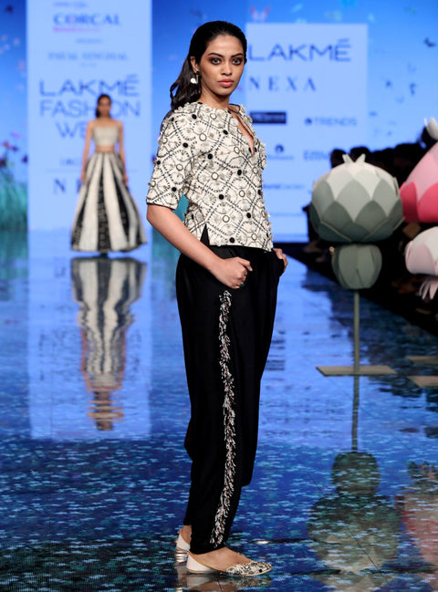 Payal Singhal-White & Black Embroidered Jacket Set-INDIASPOPUP.COM