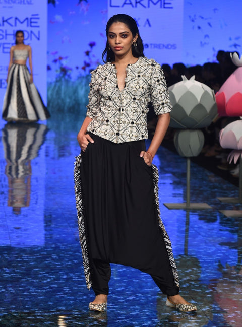 Payal Singhal-White & Black Embroidered Jacket Set-INDIASPOPUP.COM