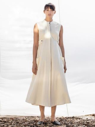 Khara Kapas-White Cotton Midi Dress-INDIASPOPUP.COM