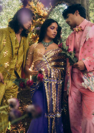 Papa Don'T Preach By Shubhika-Blue Gold Pre-Draped Sari With Blouse-INDIASPOPUP.COM