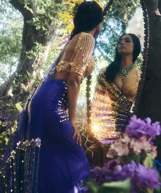 Papa Don'T Preach By Shubhika-Blue Gold Pre-Draped Sari With Blouse-INDIASPOPUP.COM