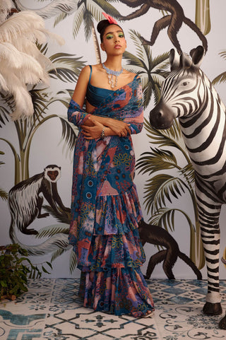 Payal And Zinal-Teal Blue Ruffle Sari Set-INDIASPOPUP.COM