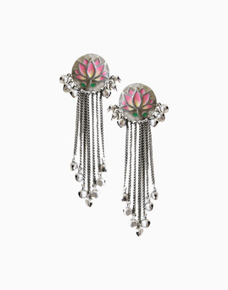 Hyperbole - Pink & Green Lotus Tassel Earrings - INDIASPOPUP.COM