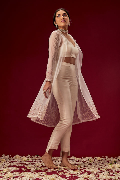 Buy Off White Crop Top, Grey Cigarette Pants And Coral Long Jacket With  Printed Buttis KALKI Fashion India