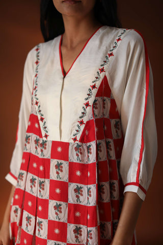 Pozruh-Red Narvi Pleated Dress-INDIASPOPUP.COM