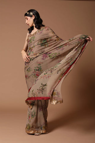 Rohit Bal-Floral Print Saree With Blouse-INDIASPOPUP.COM