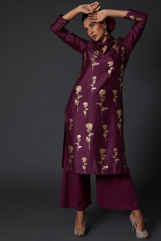 Balance By Rohit Bal-Plum Block Printed Kurta With Palazzo-INDIASPOPUP.COM