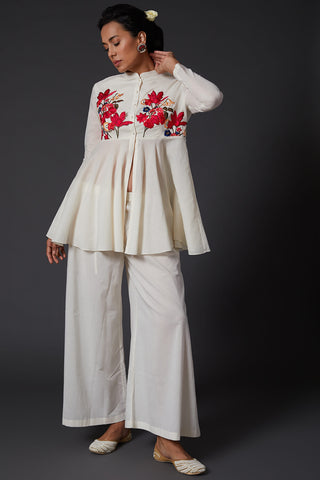 Balance By Rohit Bal-Ivory Embroidered Peplum Top With Palazzo-INDIASPOPUP.COM