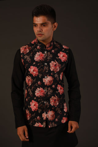 Rohit Bal-Black Floral Linen Bundi-INDIASPOPUP.COM